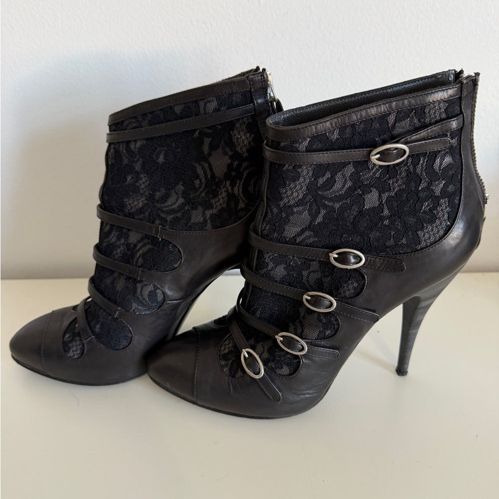 JUST CAVALLI Vintage Designer Black Lace Stiletto Ankle Boots, SZ 38